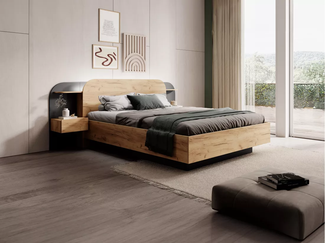 Lit coffre avec chevets 160 x 200 cm - Avec LEDs - Coloris : Naturel et noir + Matelas - JUVISIA