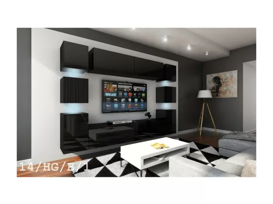 Ensemble de meubles de salon noir suspendus collection CEPTO XIV. 256cm, 10 meubles, 10 portes, leds