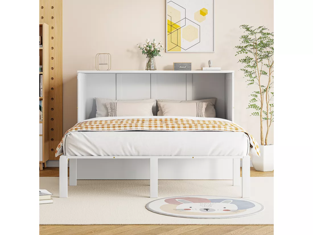 Lit escamotable vertical 140 x 200 cm - Bois MDF - Sommier à lattes - Blanc