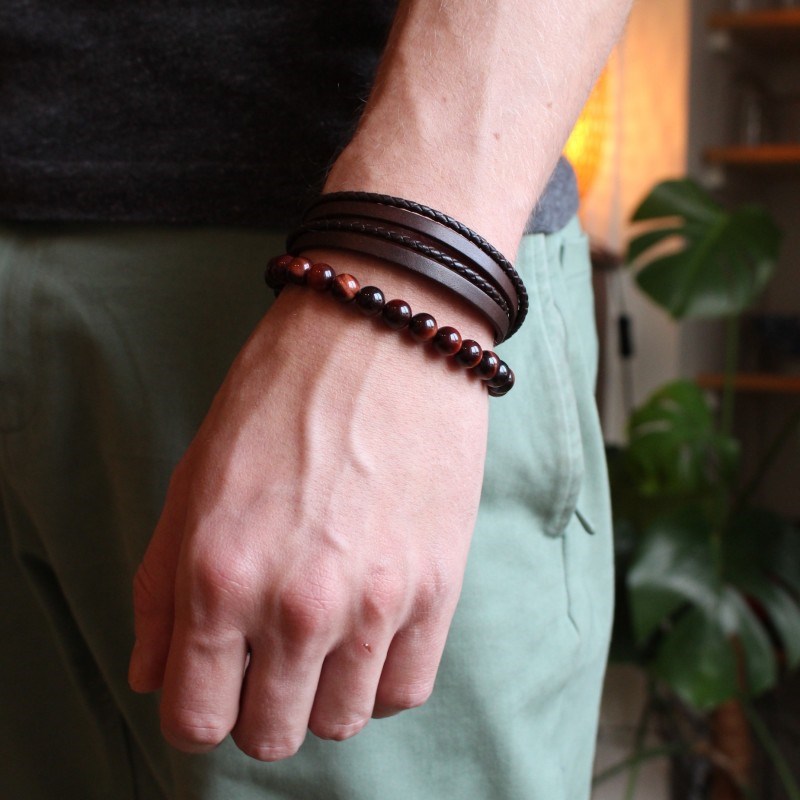 Bracelet cuir le mix marron homme - gravure MON AMOUR
