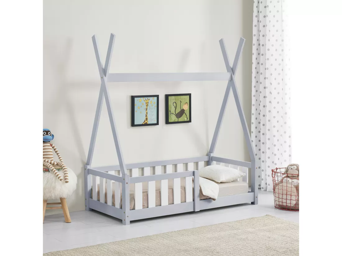 Lit Tipi pour Enfants Helsingborg avec Grille de Sécurité Pin 140 x 70 cm Gris Clair [en.casa]