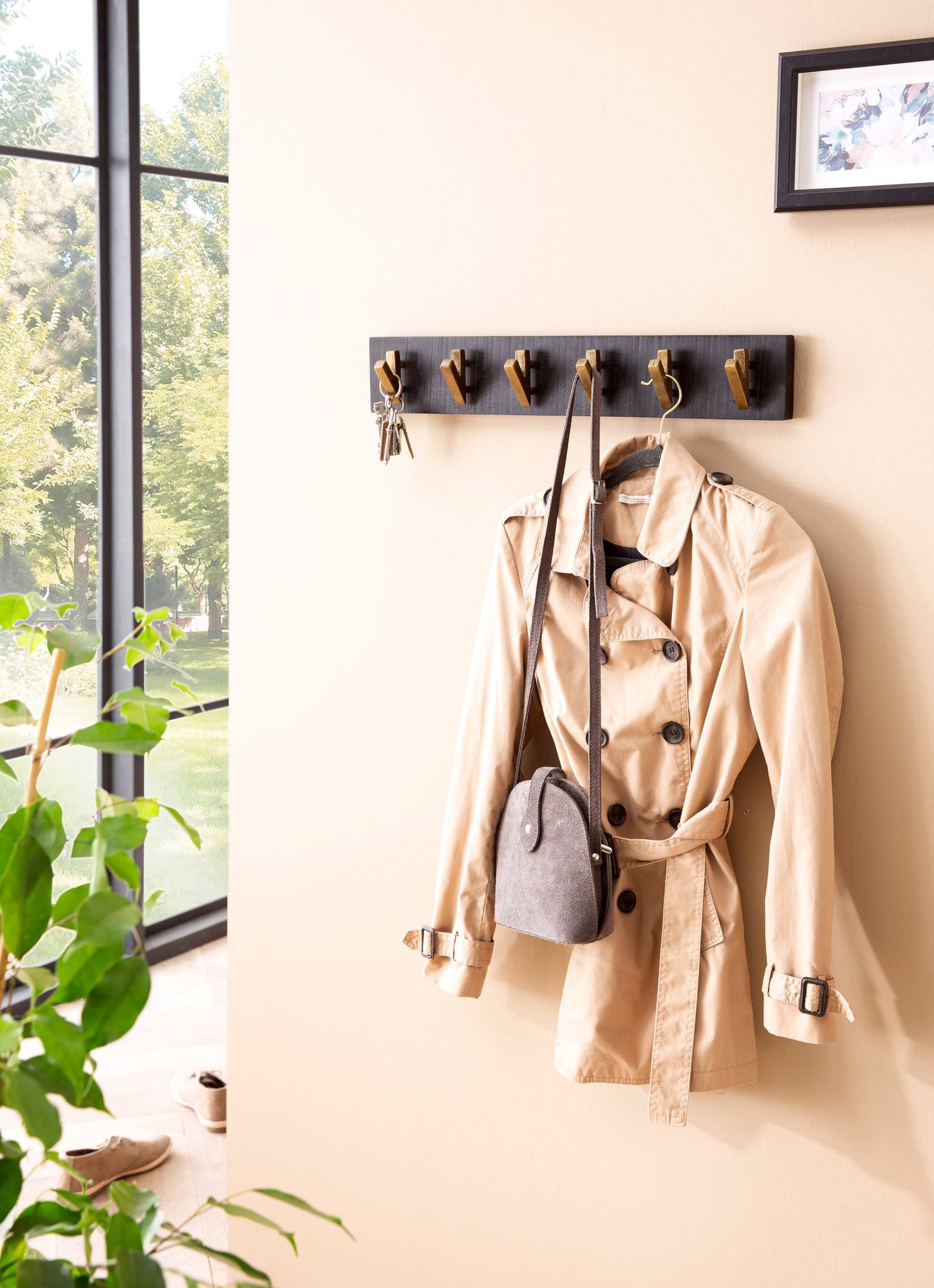 Wandgarderobe 60 x 10x 8 cm Mango Massivholz schwarz lackiert/goldfarbig