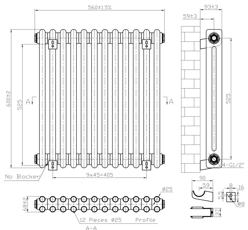 Eastbrook Imperia 2 koloms radiator 55x60cm 767W zwart mat
