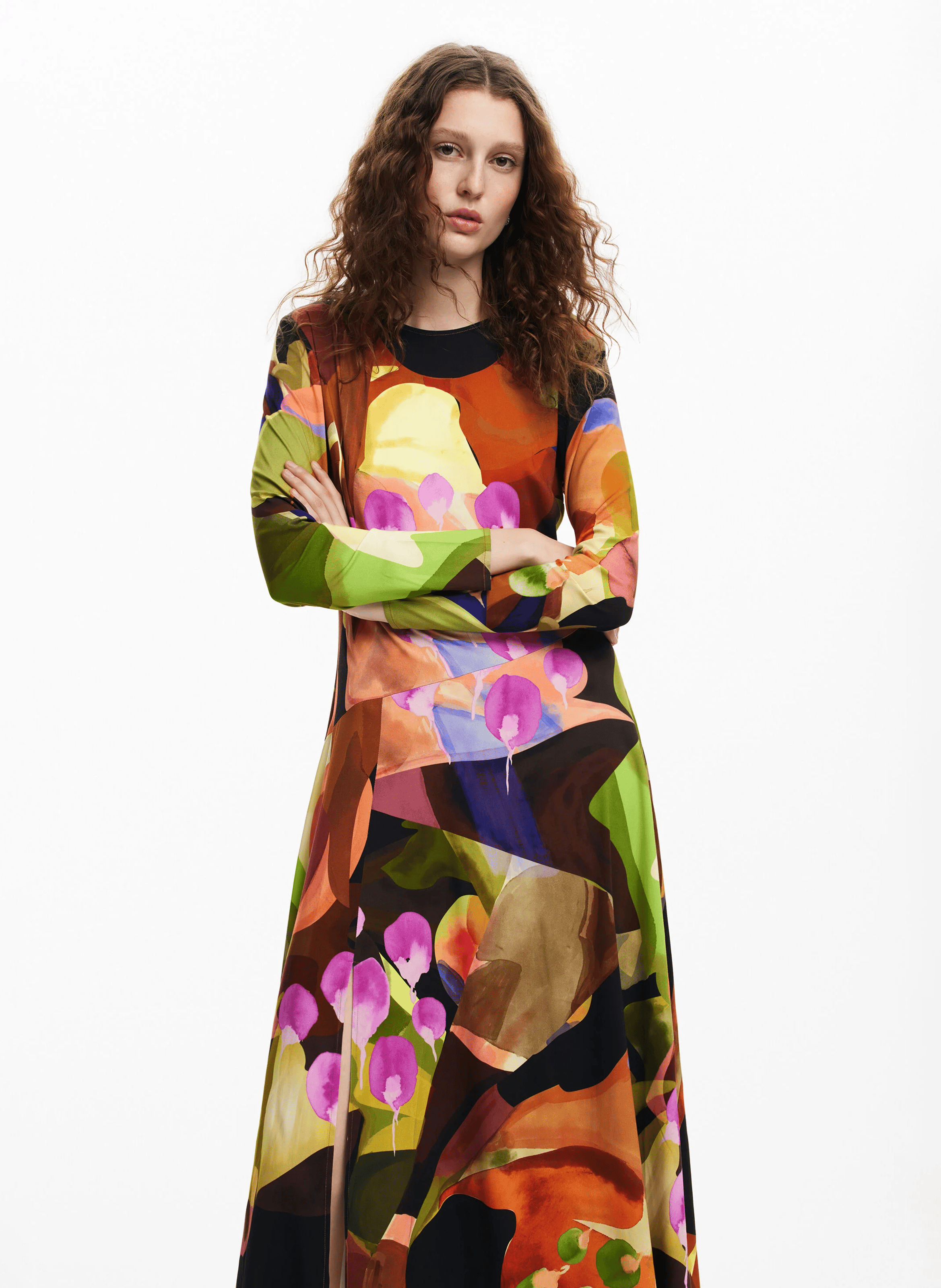 Robe droite midi imprimée | Marron