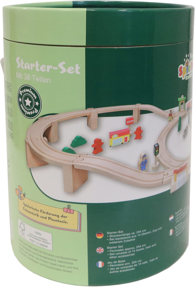 SpielMaus Holz Holzeisenbahn in Trommel, 38-teilig