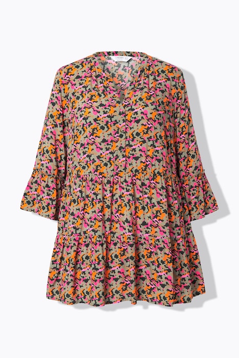 Tunikabluse, A-Linie, Camouflage-Print, Volants