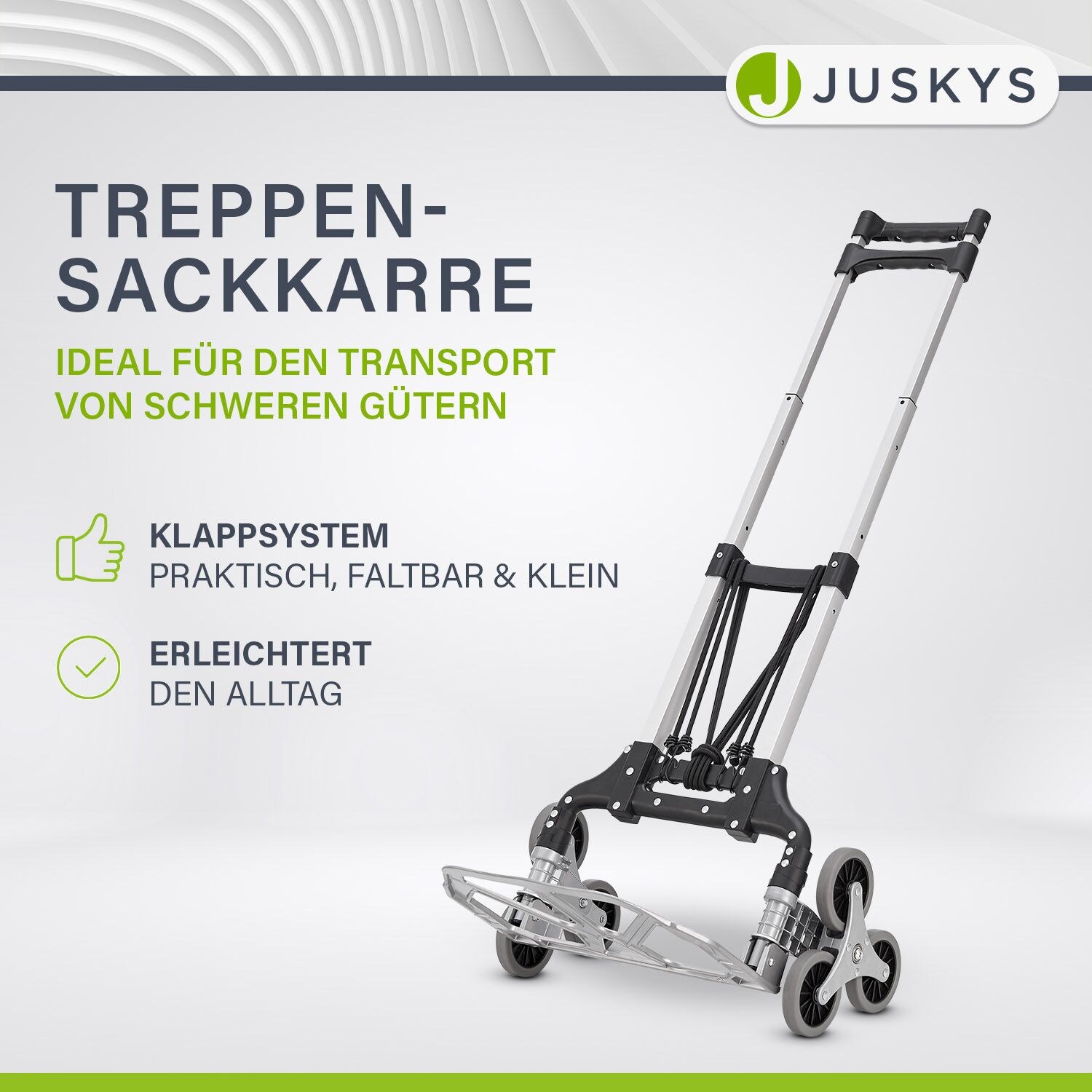 Juskys Treppensackkarre klappbar & bis 80 kg - Alu Mini Sackkarre für Treppen - Handschuhe & Seile