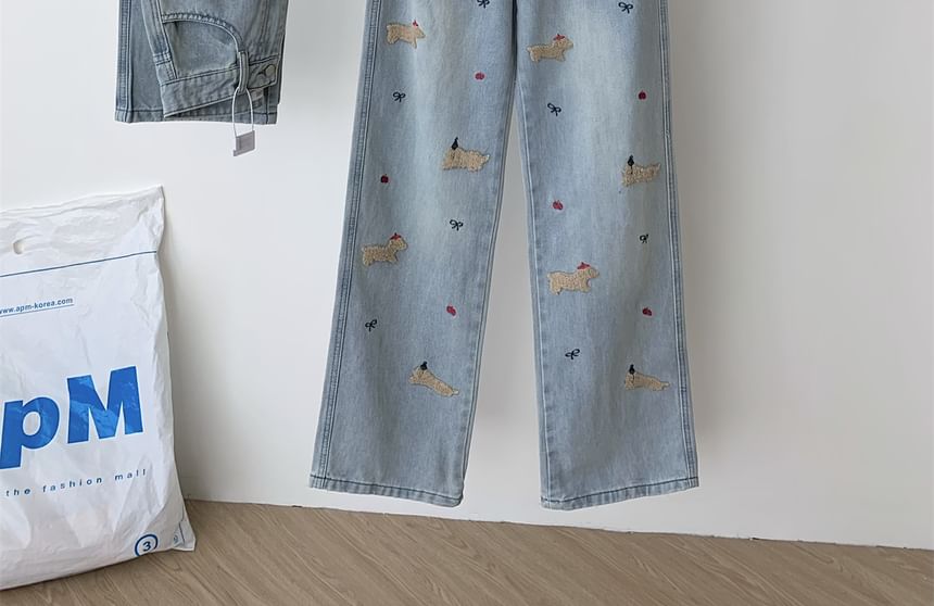 Dute - High Rise Dog geborduurde gewassen wijde jeans