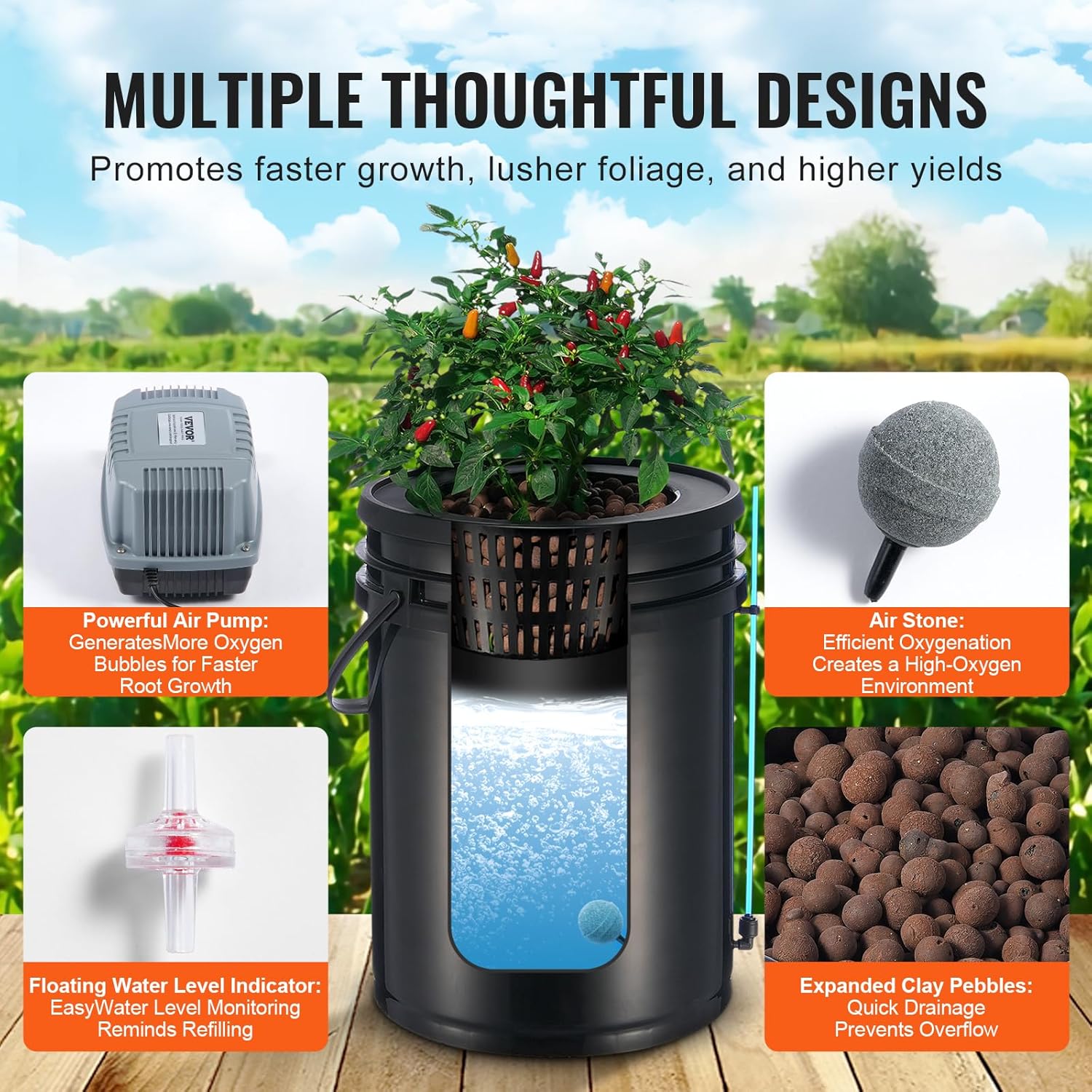 VEVOR DWC Hydrokultur-Anbausystem, Hydrokultur Anzuchtsysteme mit Topf-Tropfkit, Tiefwasserkultur 4X 20L-Eimer, mit Luftpumpe, Luftsteinen und Wasserstandsanzeige für Blattgemüse