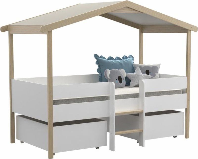 Hutbed SAROSI - Wit en Eiken - 90 x 190 cm - Met Laden en Matras