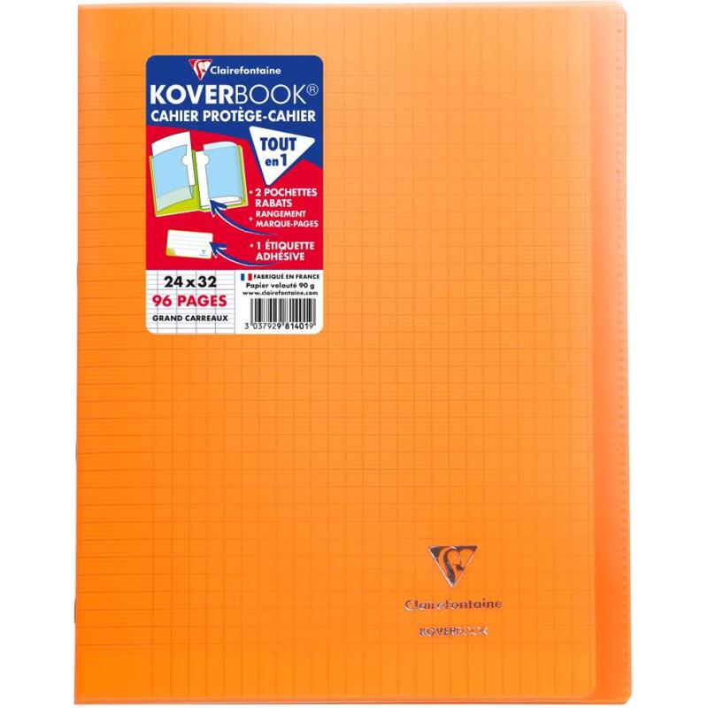 Cahier piqué Koverbook 24x32cm 96 pages grands carreaux couverture polypropylène transparent - Assortis