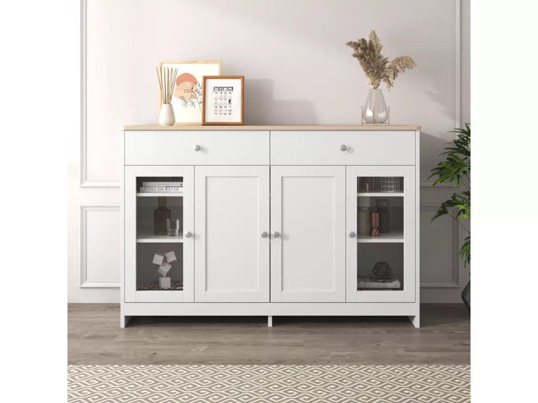 Buffet en bois avec finition blanche, 4 portes, 2 tiroirs et porte
