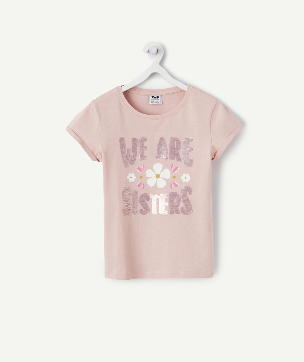 T-SHIRT FILLE EN COTON BIO ROSE AVEC MESSAGE SISTERS EN SEQUINS RÉVERSIBLES