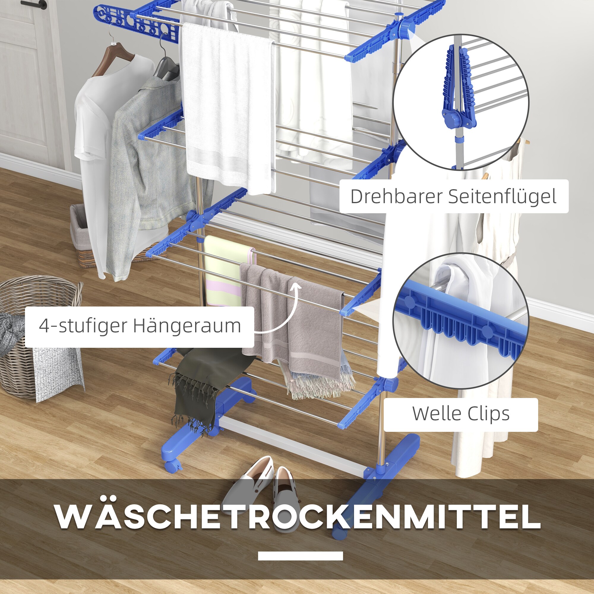 HOMCOM Wäscheständer mit Kleiderhaken grau 142L x 55B x 172H cm