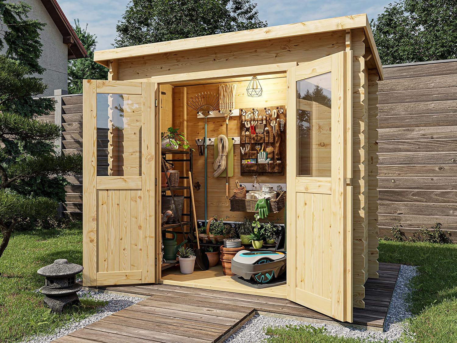 Holz Gerätehaus Mini 1 B | Wandstärke 28 mm | Blockbohlenbauweise | Naturbelassen | Pultdach | BxTxH: 230 x 127,5 x 204,4 cm | Inkl. Doppelflügeltür + Einflügeltür mit Echtglas | Ohne Fußboden