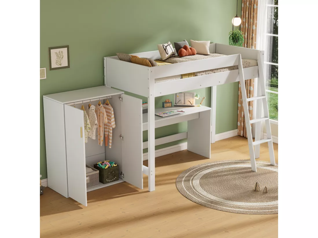 Lit mezzanine 90x200cm en bois - avec bureau et armoire modulable - Blanc