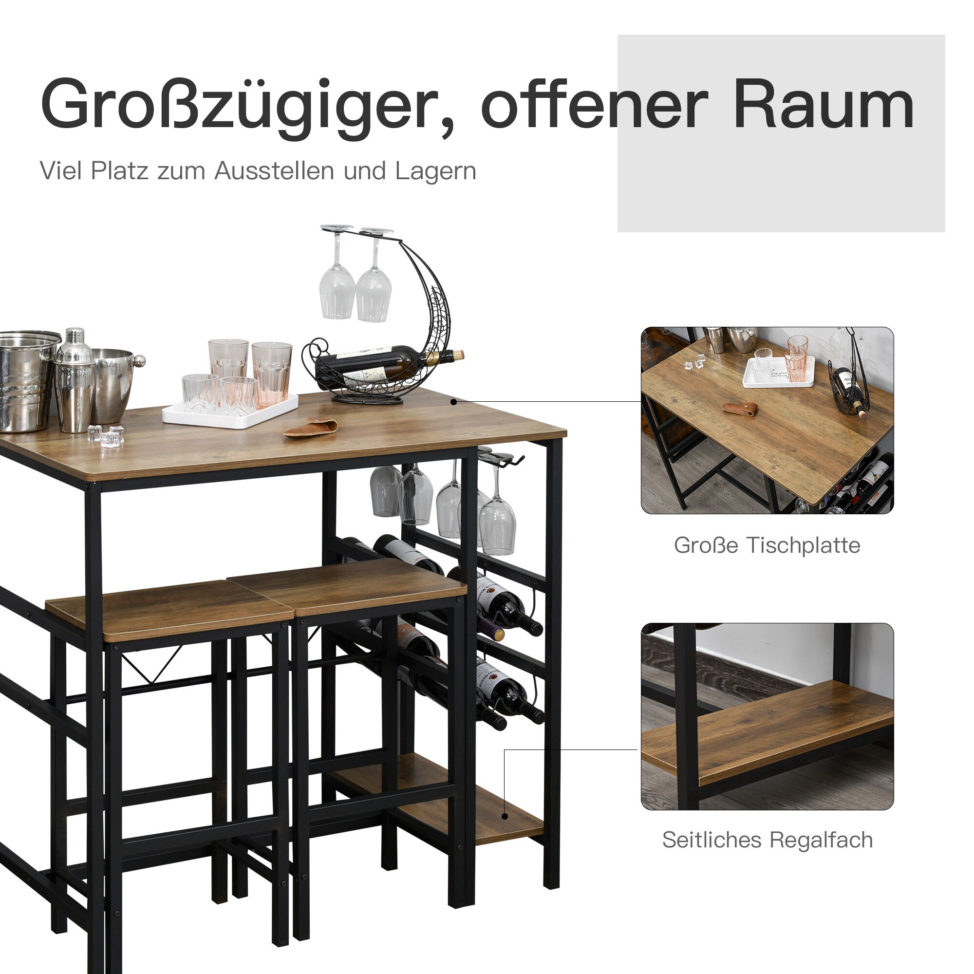 HOMCOM Bartisch-Set mit 2 Barhockern natur, schwarz