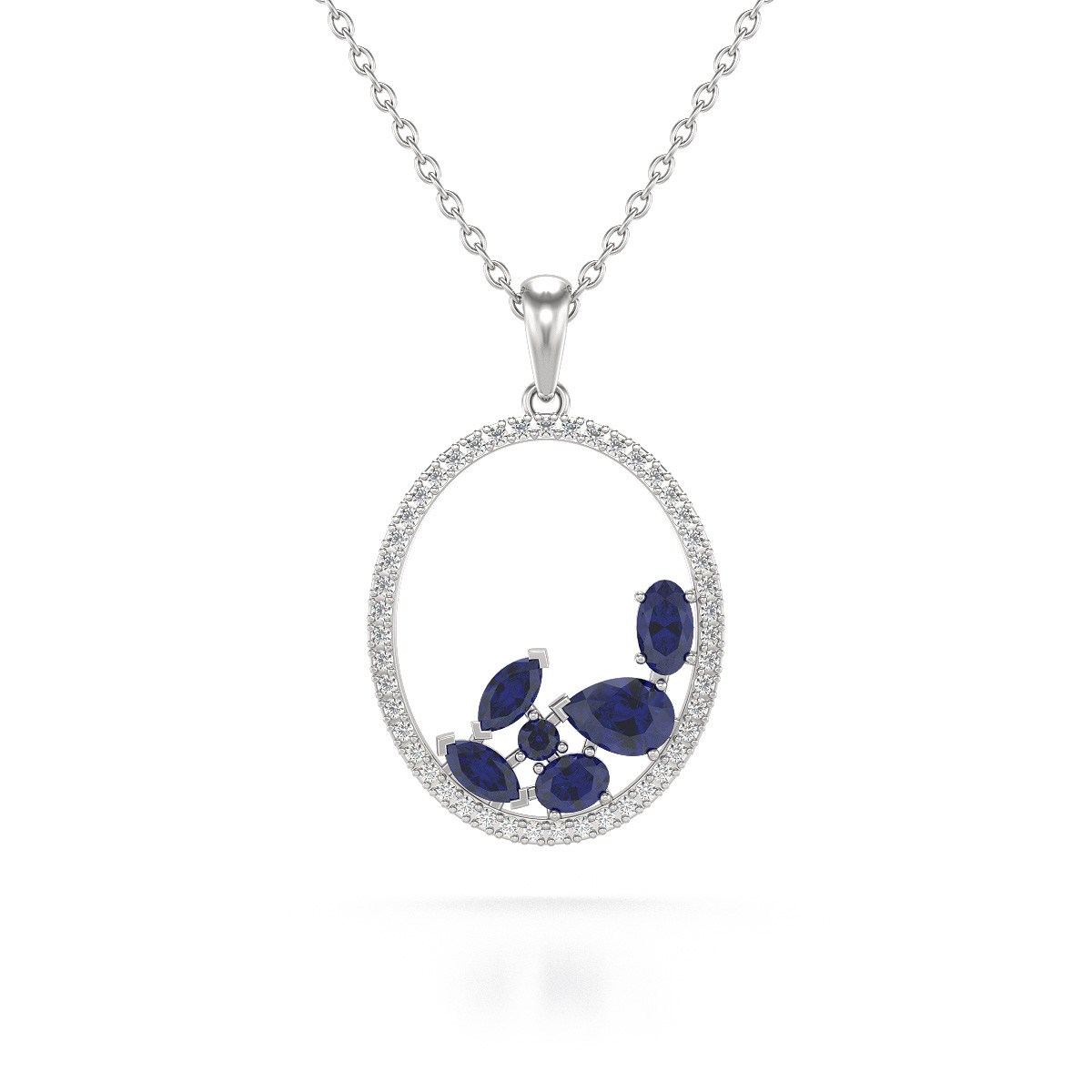 Pendentif Or Blanc 585 & Saphir | Diamants & Chaine Incluse - Aden