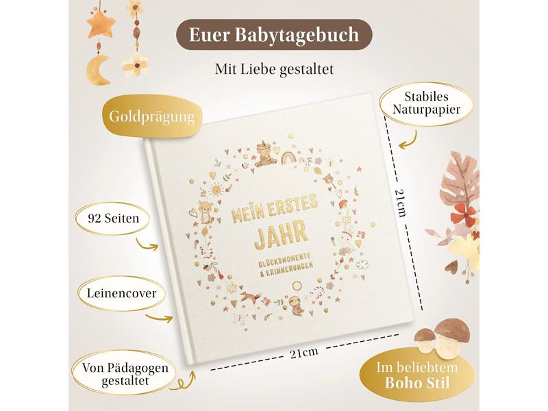 Eulentaler Babyalbum Boho Gold Leinen, 92 Seiten Liebevoller Erinnerungsschatz fürs erste Babyjahr