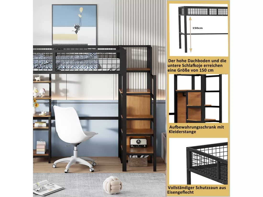 Lit mezzanine 90 x 200 cm avec armoire, éscalier, bureau, étagères de rangement, tout-en-un - cadre en métal - noir