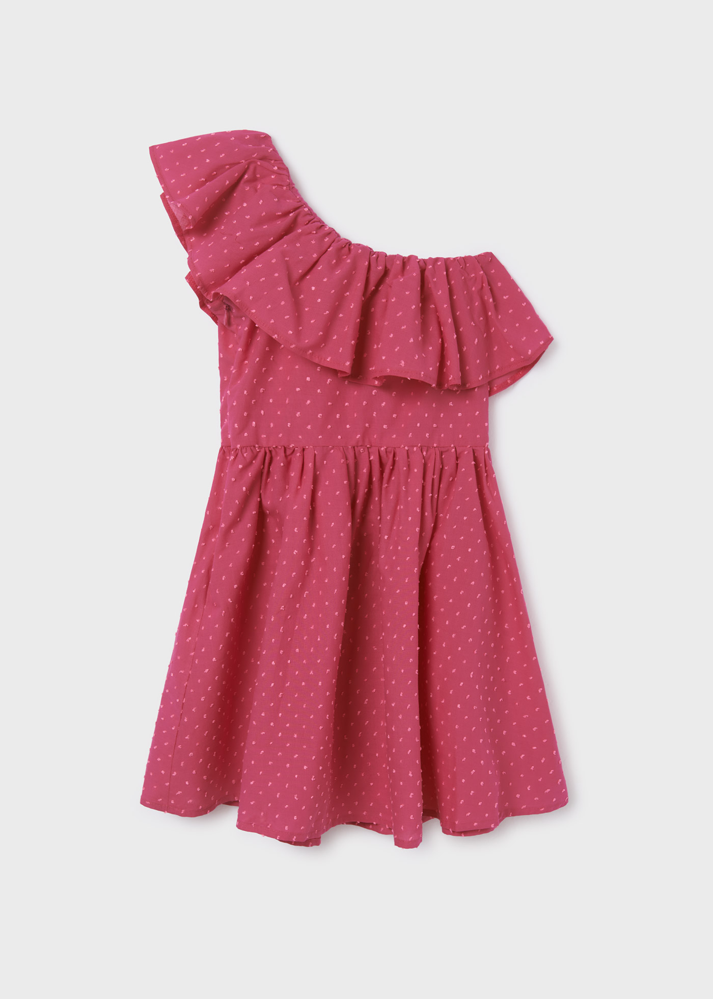 Vestido assimétrico com babados e plumas para menina