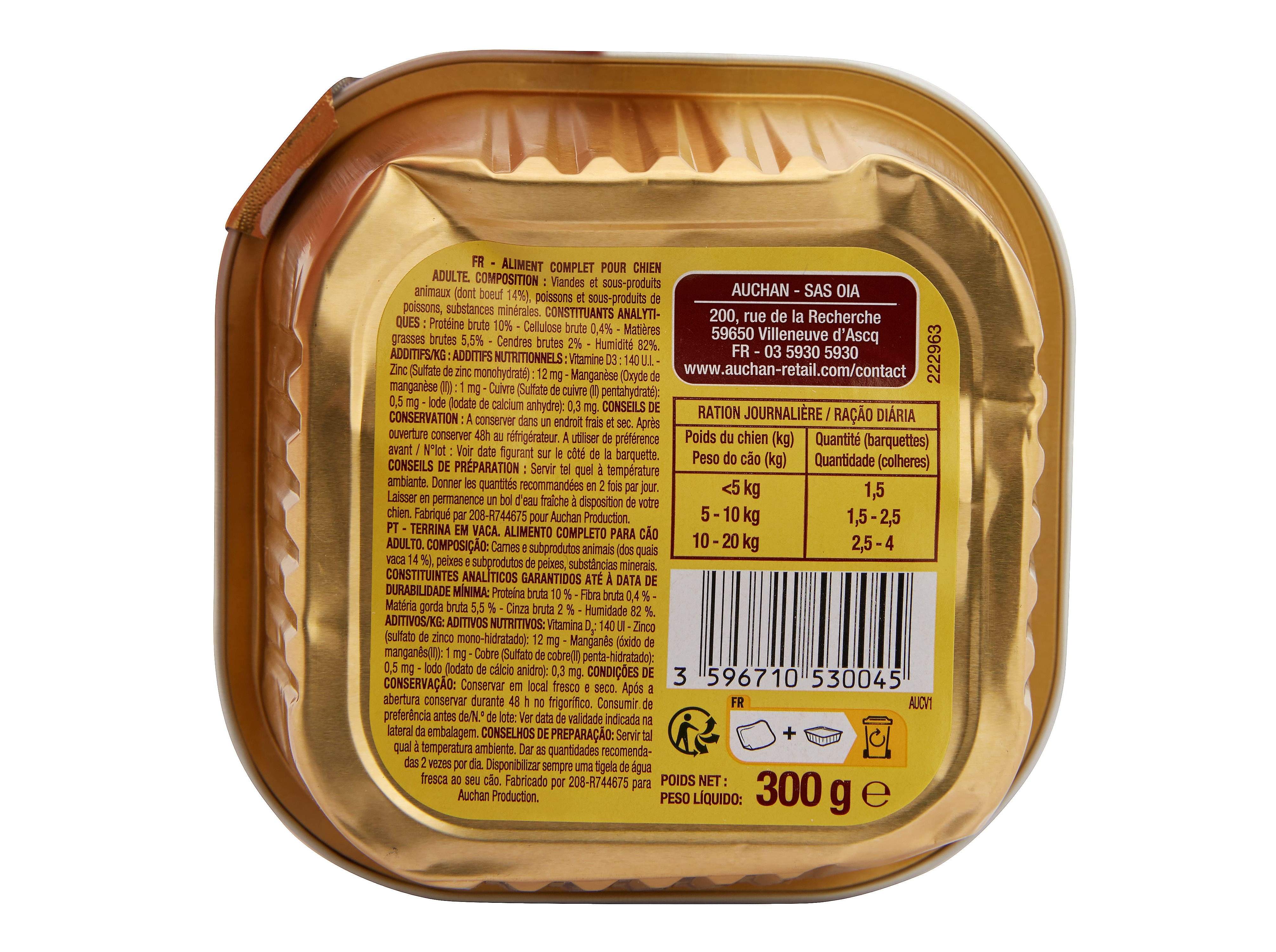 COMIDA HÚMIDA PARA CÃO AUCHAN TERRINA RICO EM VACA 300G