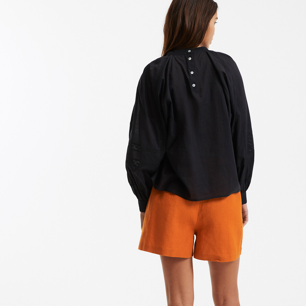 COLEÇÕES LA REDOUTE<br>Blusa com gola redonda, voile de algodão e bordado