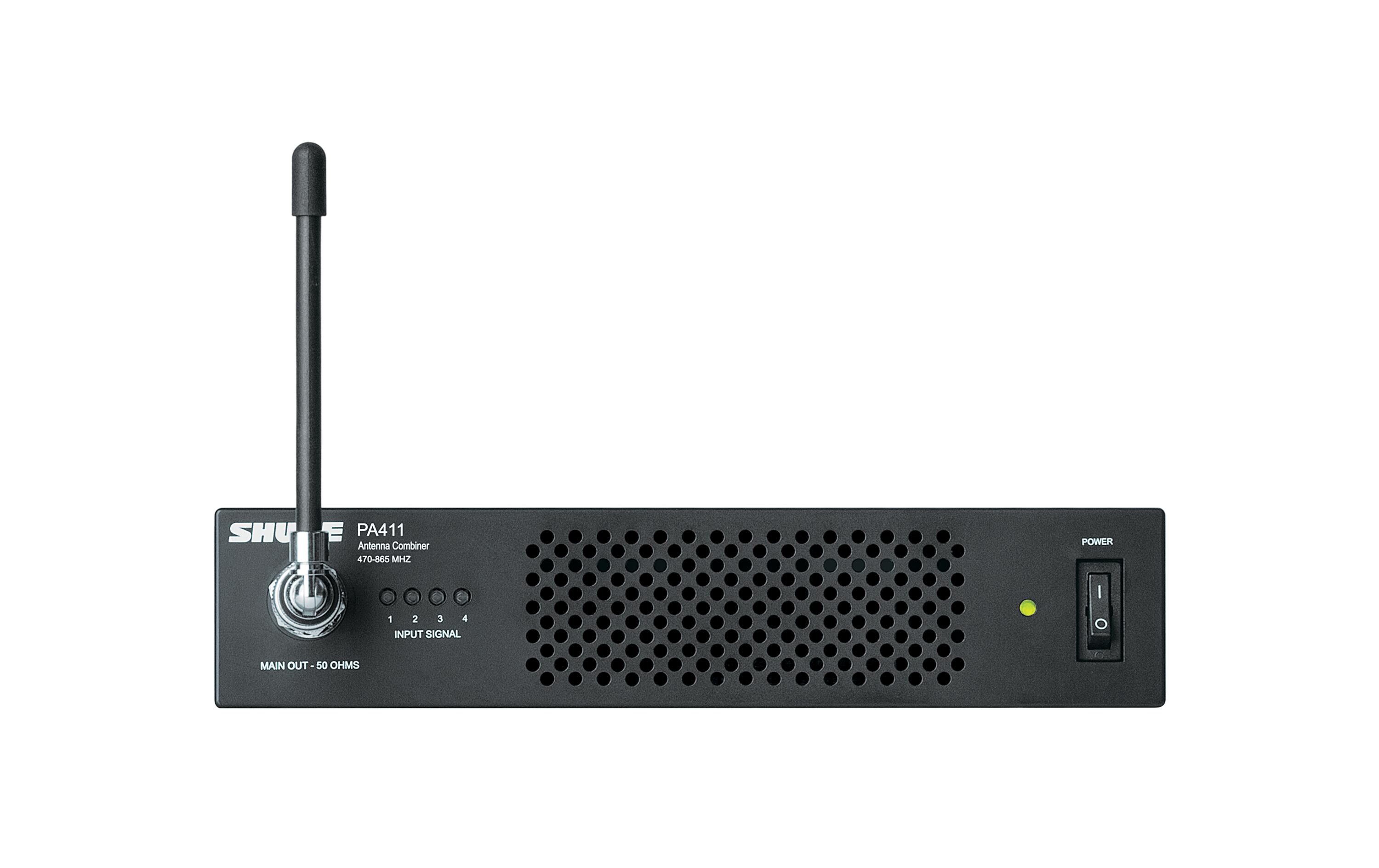 Antennen-Combiner PA411-E<br>Kombiniert bis zu vier Shure PSM 300 Sender auf eine Antenne und versorgt die Sender mit Strom.