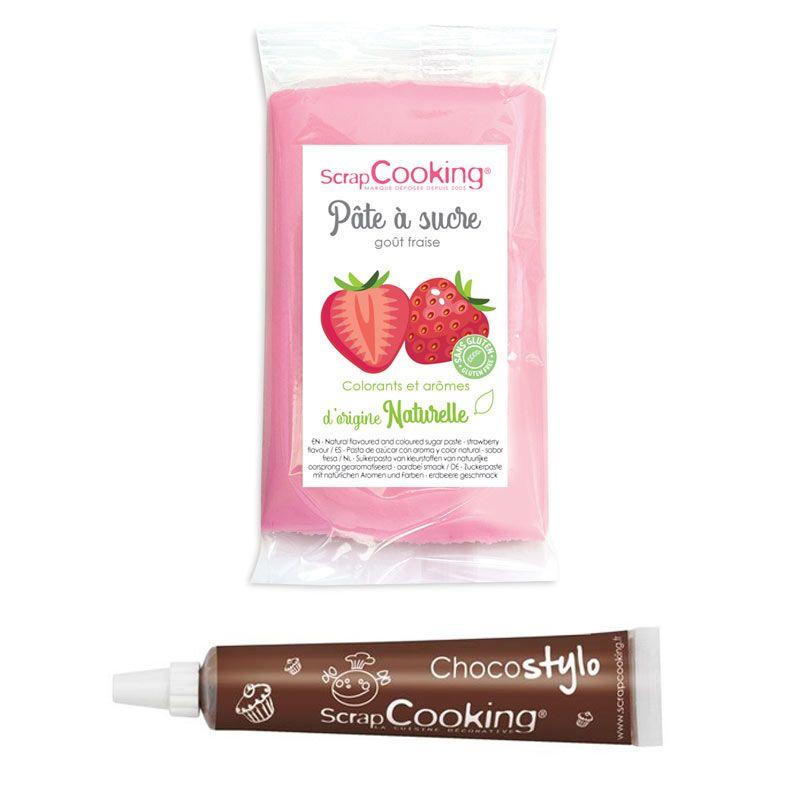 Pâte à sucre rose 250 g arôme fraise + Stylo chocolat Scrapcooking