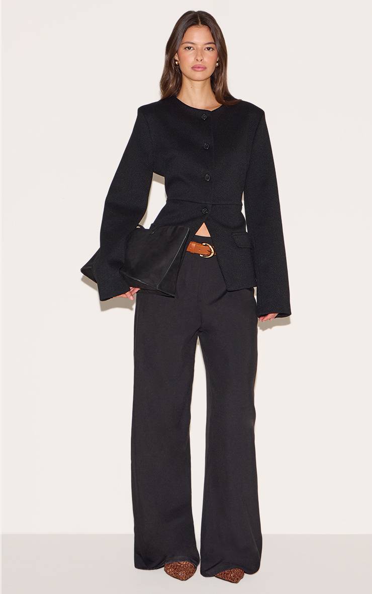 Noir Blazer Long Sans Col Avec Boutons