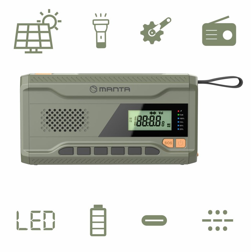 Manta - Bærbar nødradio FM-radio, solenergi powerbank, lommelygte