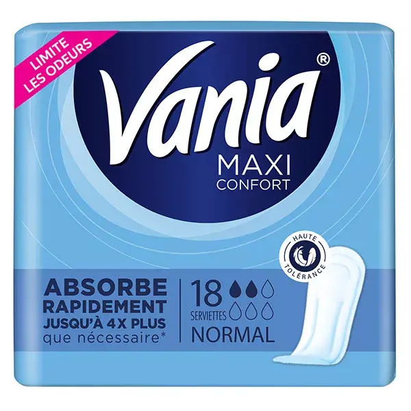 Absorventes menstruais Vania Maxi Regular, pacote com 18 unidades.