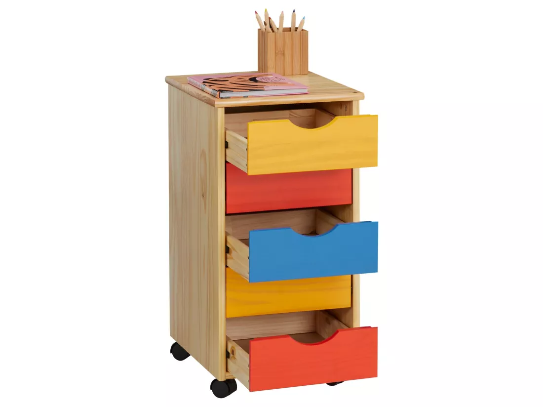 Caisson de bureau LAGOS meuble de rangement sur roulettes avec 5 tiroirs, en pin massif lasuré multicolore jaune rose et bleu
