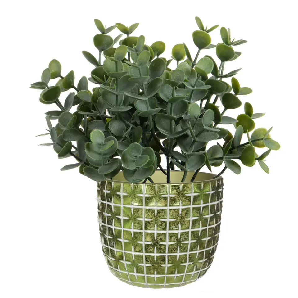 Ideas4seasons Bloempot - ruit motief - metallic groen - 12x10cm