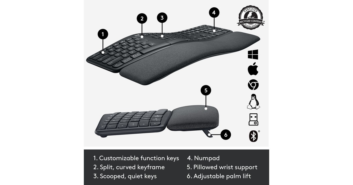 LogitechK860 ERGO Keyboard, toetsenbord  (Zwart, Bluetooth, US international ISO)