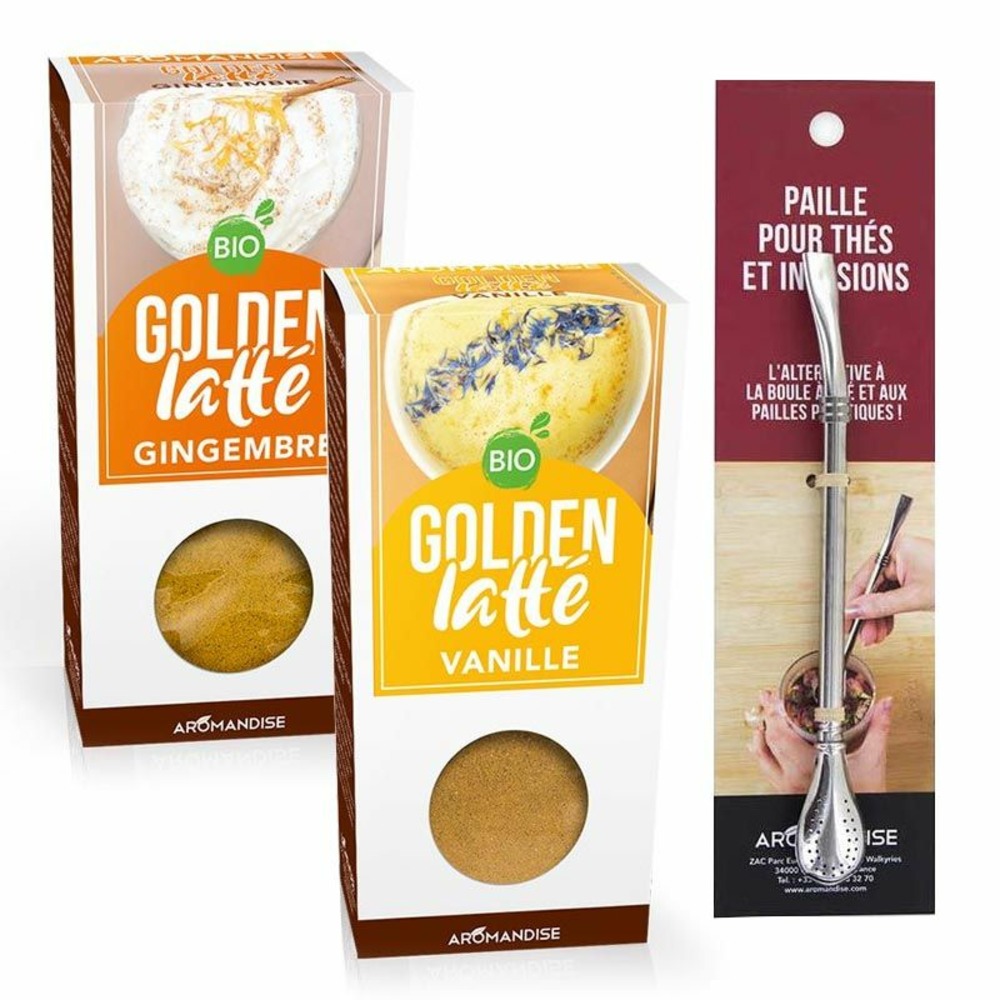2 golden latte gingembre & vanille + paille inox avec filtre