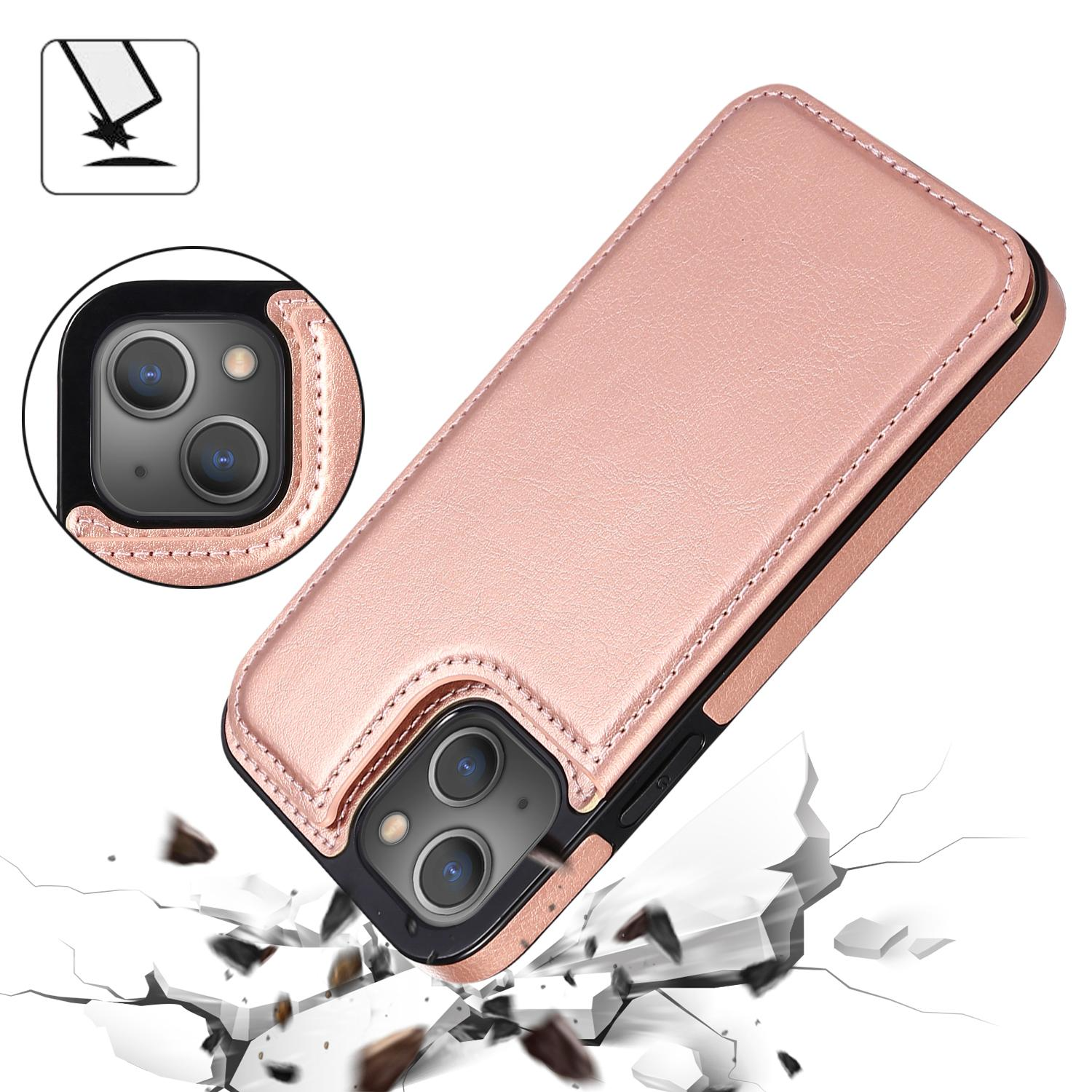 iPhone 14 Hybrid Leder Hülle mit Kartenfach   Kickstand Aufsteller - Roségold