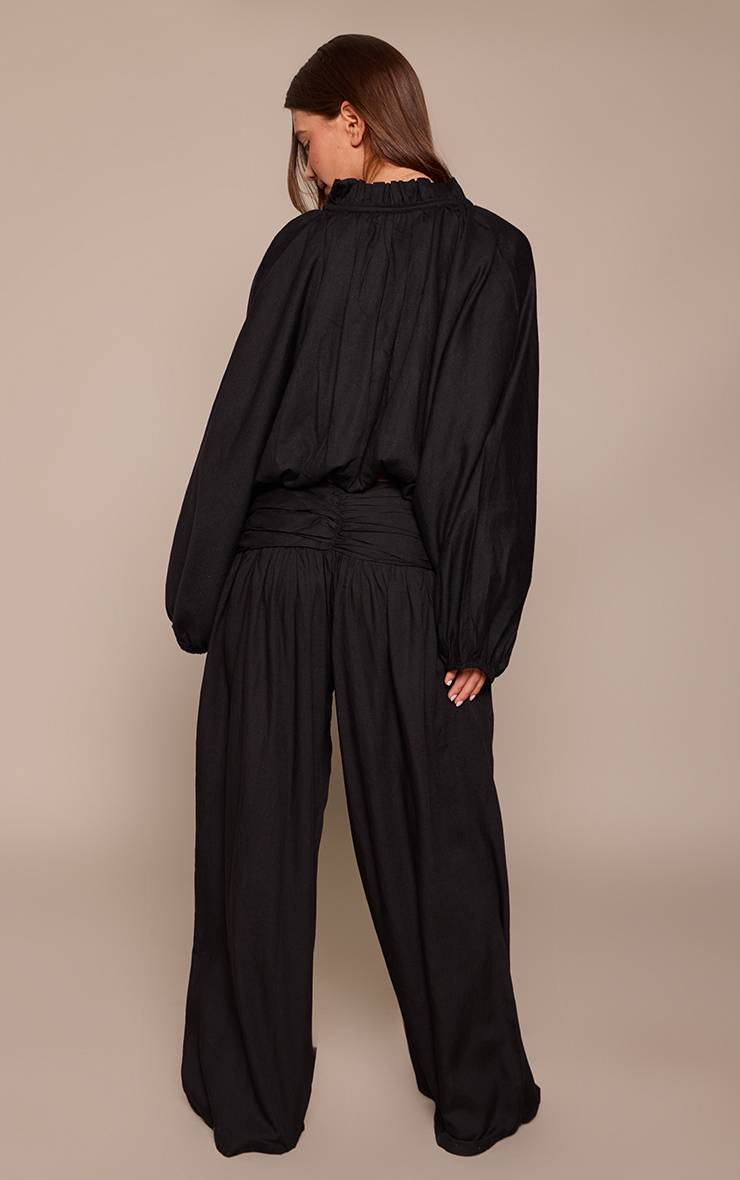Noir Pantalon Co-ord En Lin Avec Taille Froncée
