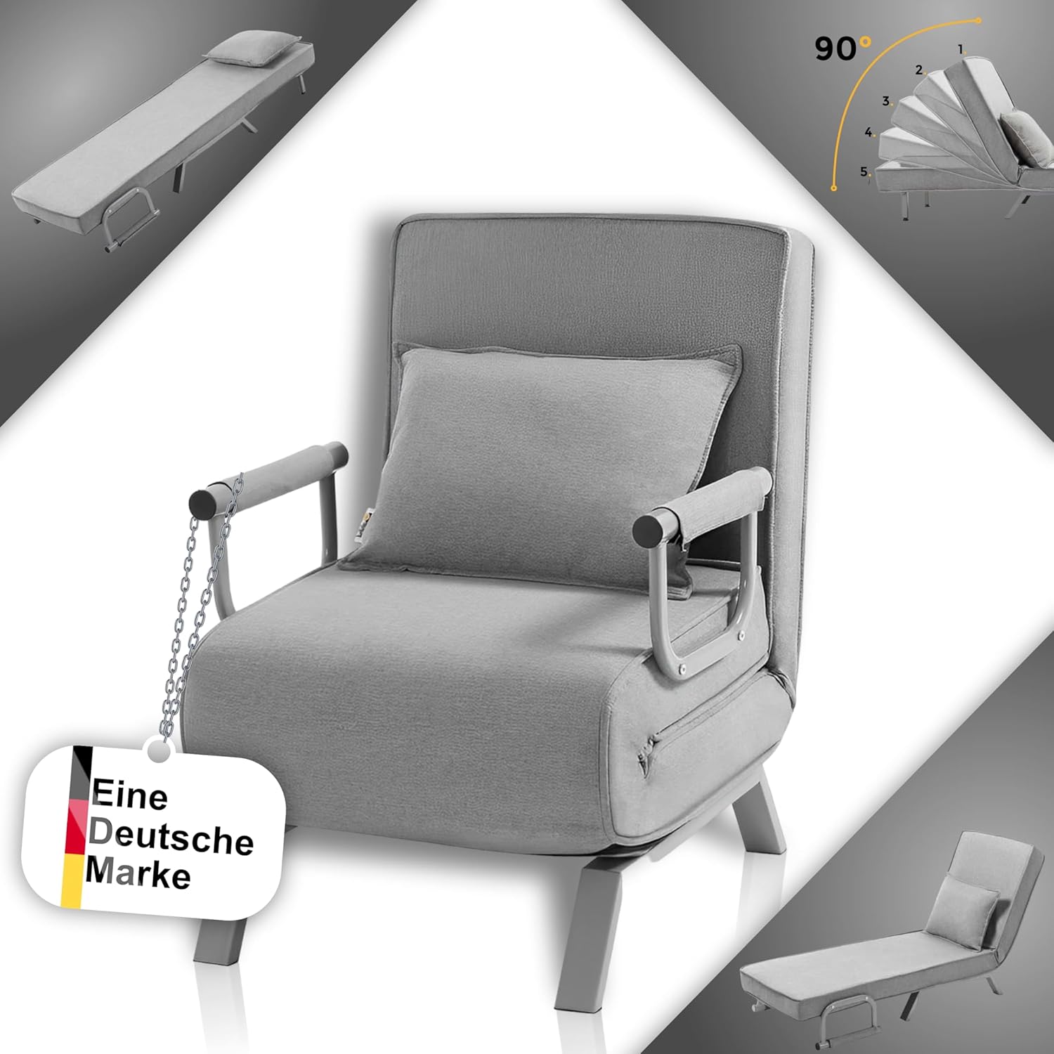 Schlafsessel Schlafsofa TED 3in1 mit Armlehne - Bettfunktion - Verstellbare Rückenlehne - inkl. Kopfkissen - Bis 200kg - Klappsessel Relaxsessel Sofabett Klappbett Gästebett Wohnzimmer Grau