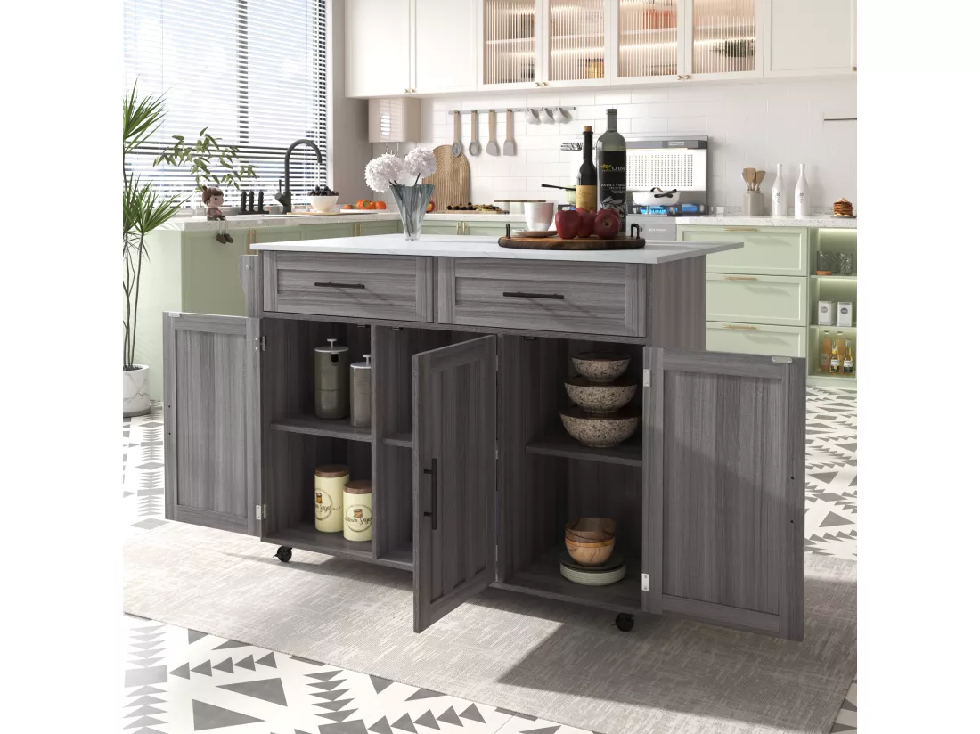 Ilot central de cuisine mobile avec 3 portes et 2 tiroirs - plateau extensible - 129x46/71x91,5 cm - Bois MDF + métal - Gris