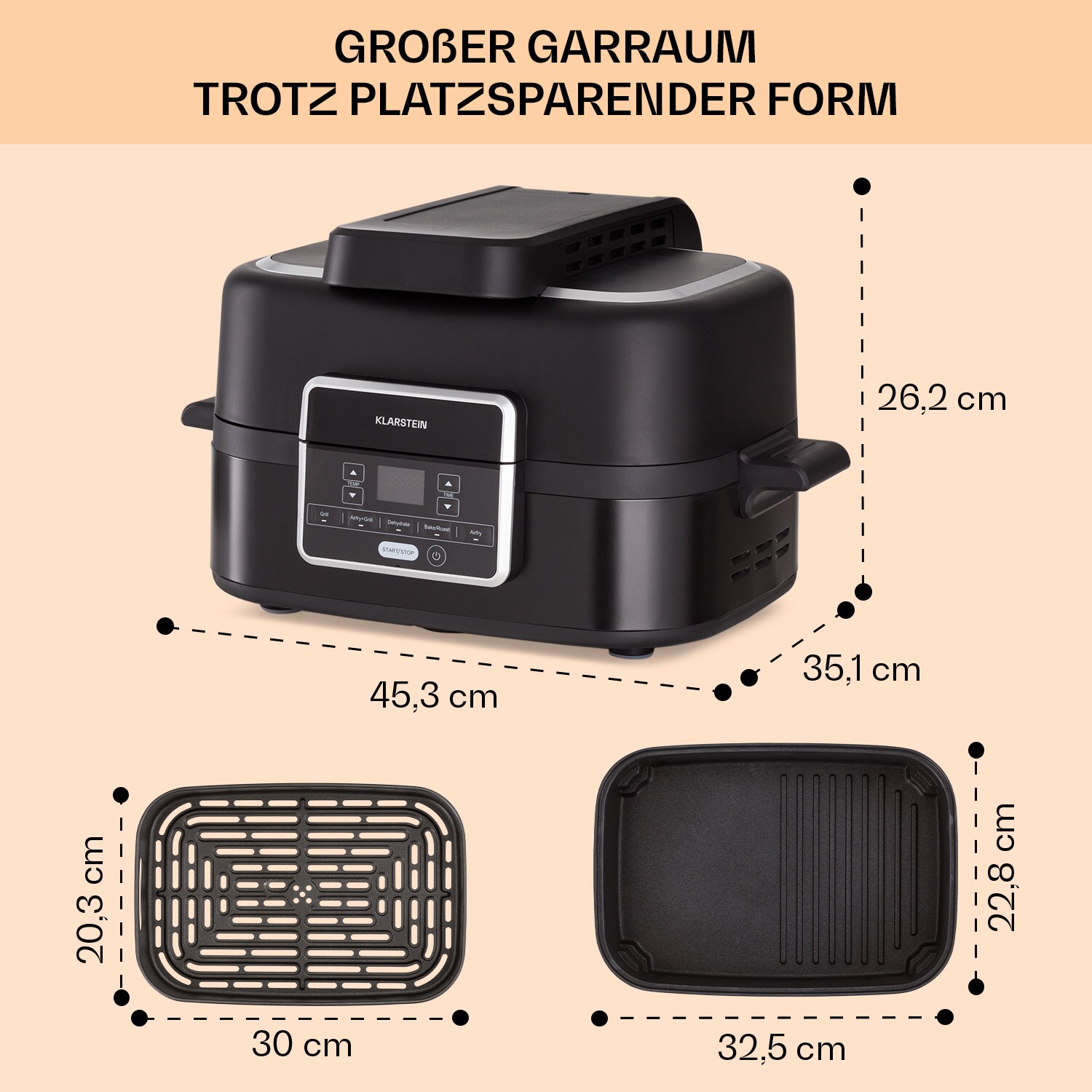 Combo Air Grill-Heißluftfritteuse 5 Programme 1500 Watt 4,5 L Grillkorb 2,5 L Frittierkorb Schwarz