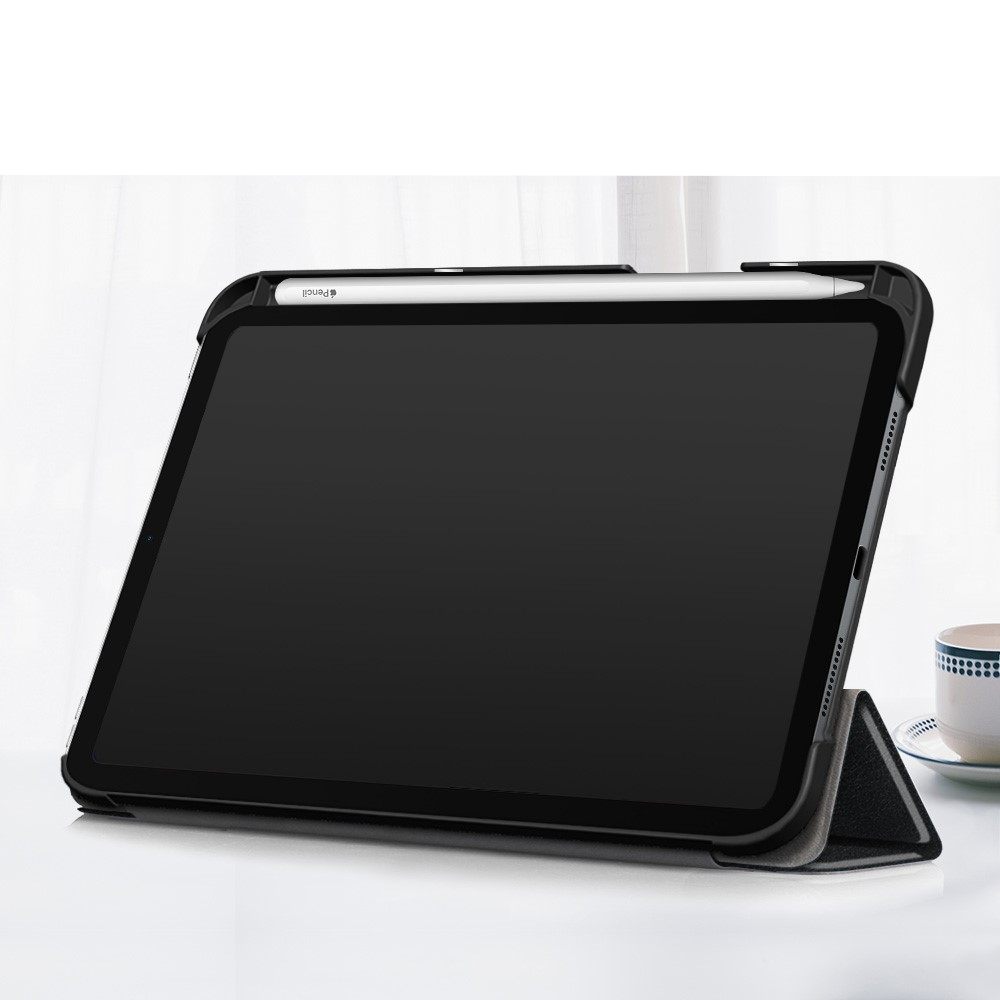 iPad Mini 7 (2024) / Mini 6 (2021) Leder Tasche Smart Case Hülle   Apple Pencil Halterung - Schwarz