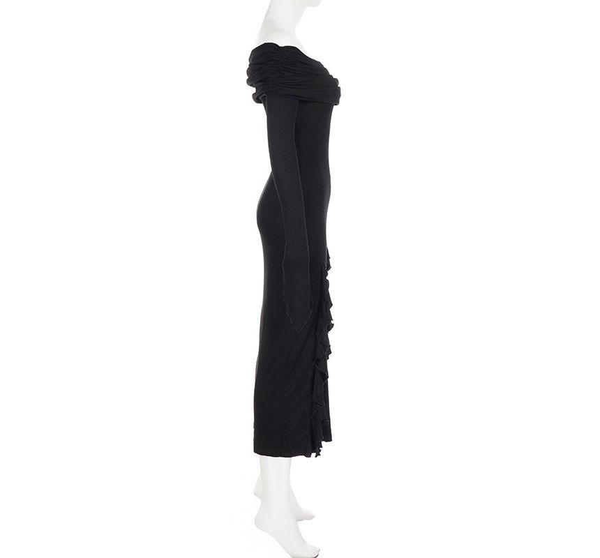 BrickBlack - Lange mouw off-shoulder effen asymmetrische ruche rand split maxi kokerjurk