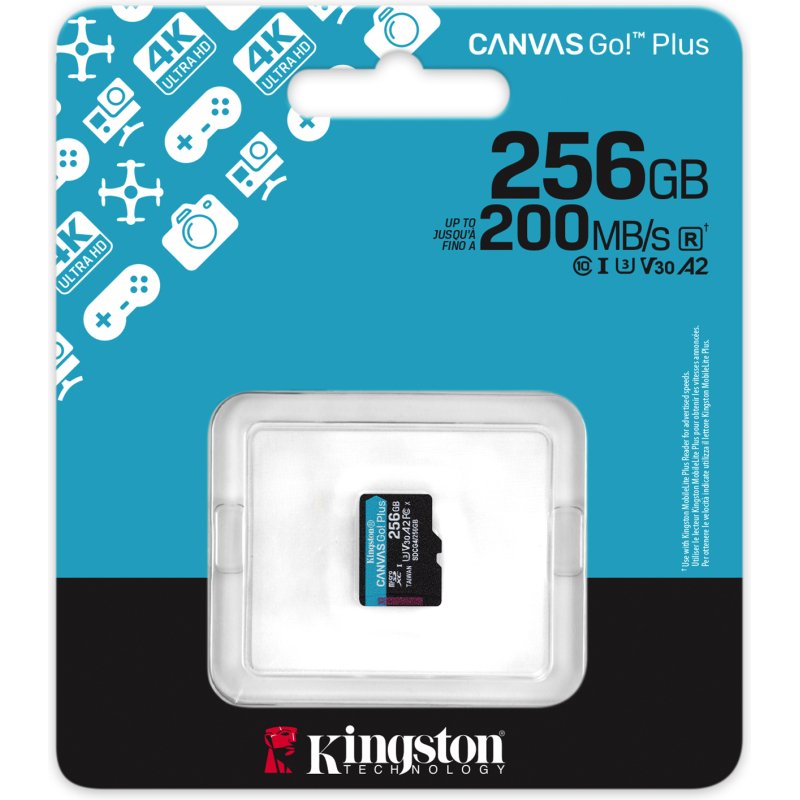 Kingston Technology Carte microSDXC Canvas Go Plus Gen4 200R A2 U3 de 256 Go, pack unique sans ADP
