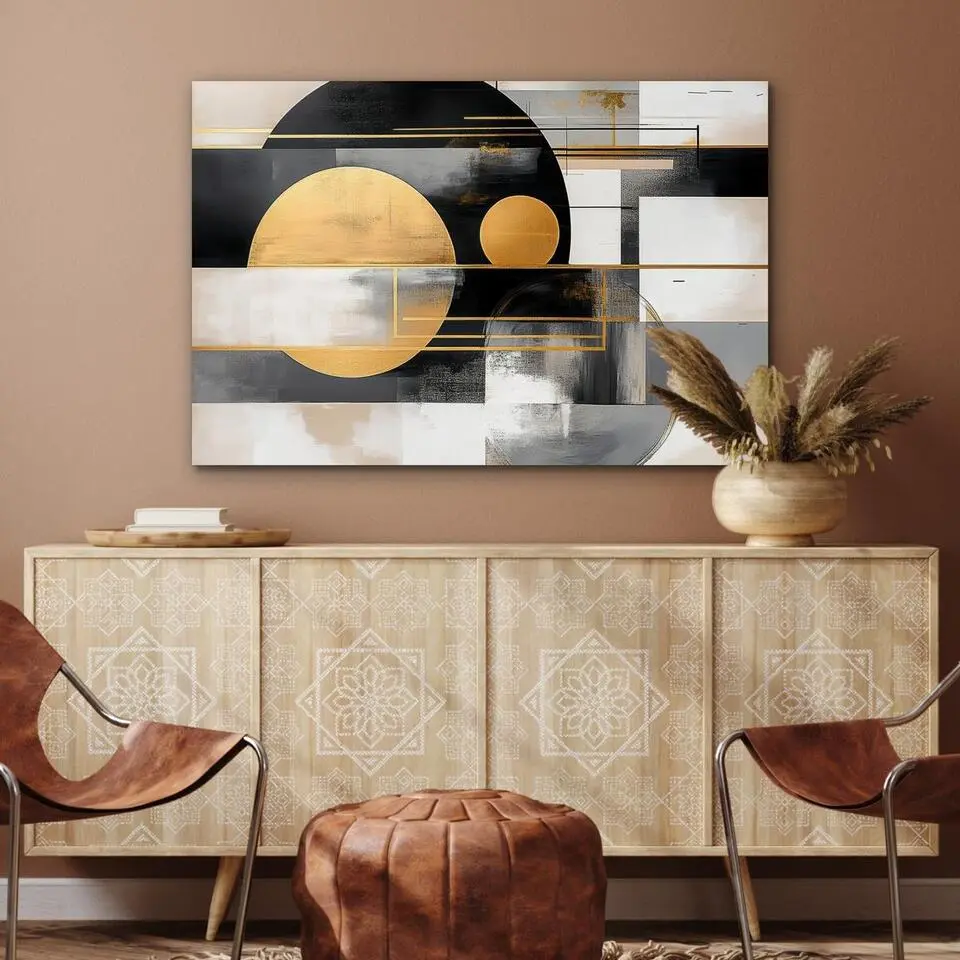 MuchoWow Aluminium Schilderij 90x60cm Abstract Goud Zilver Vormen