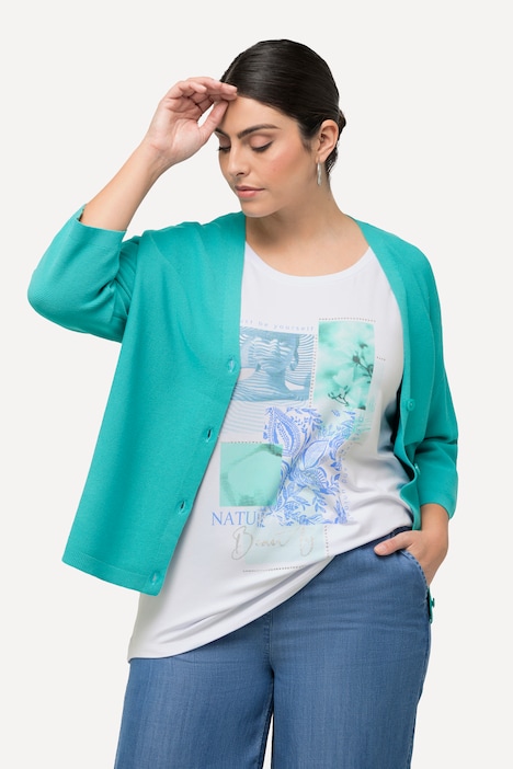 T-Shirt, Patchmotiv, Ziersteine, Rundhals, Halbarm