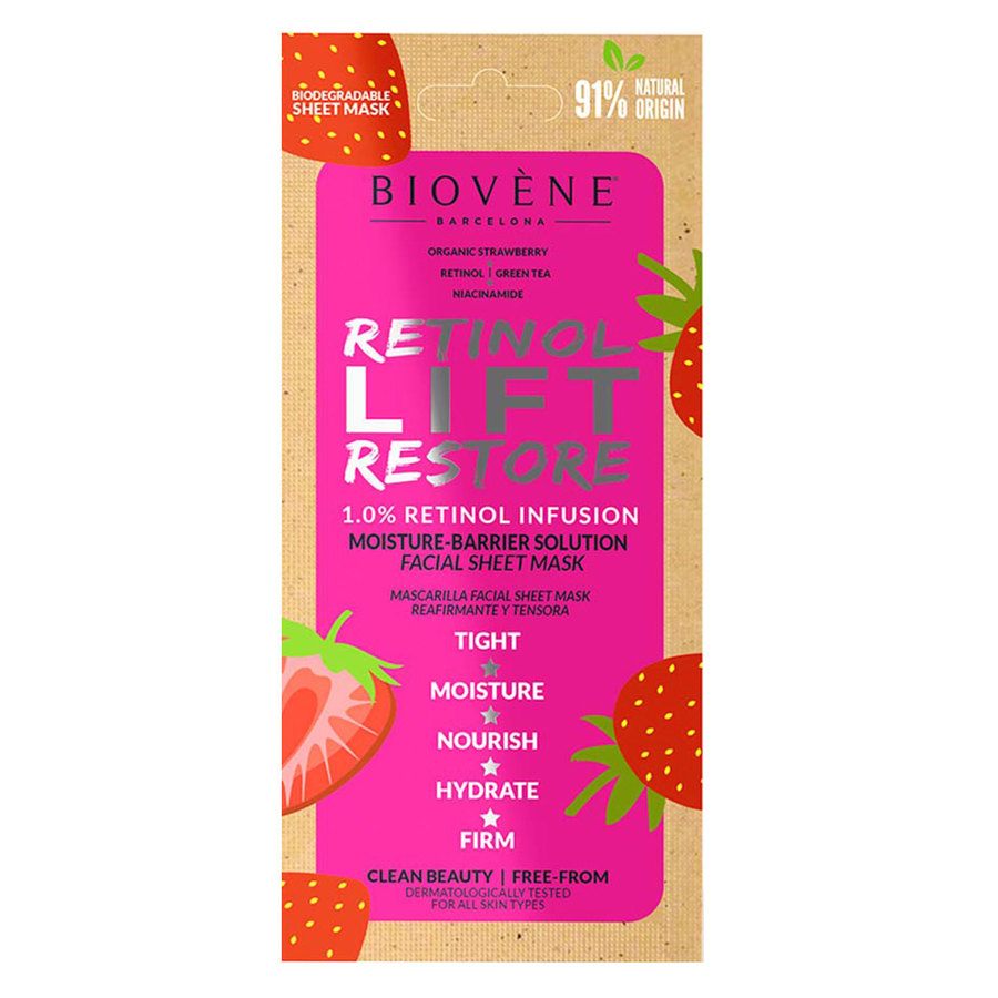 Biovène Retinol Lift Restore Moisture-Barrier Organic Strawberry Biodegradable Sheet Mask 20ml