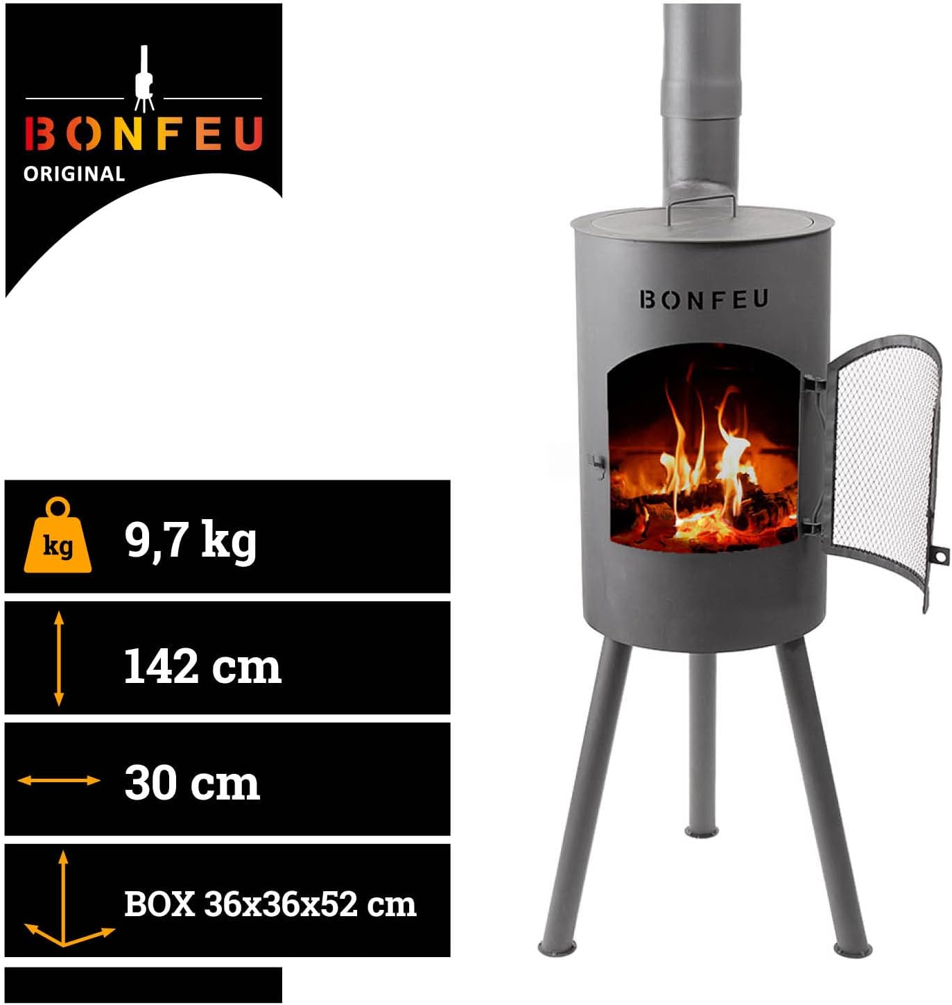 BonFeu Bongiano SP Schwarz - Terrassenofen - Feuerstelle mit Funkenschutz für entspannte Abende - Feuersäule Outdoor - Terrassenkamin mit Grillrost - Gartenofen aus hochwertigem Stahl - 30x30x142cm