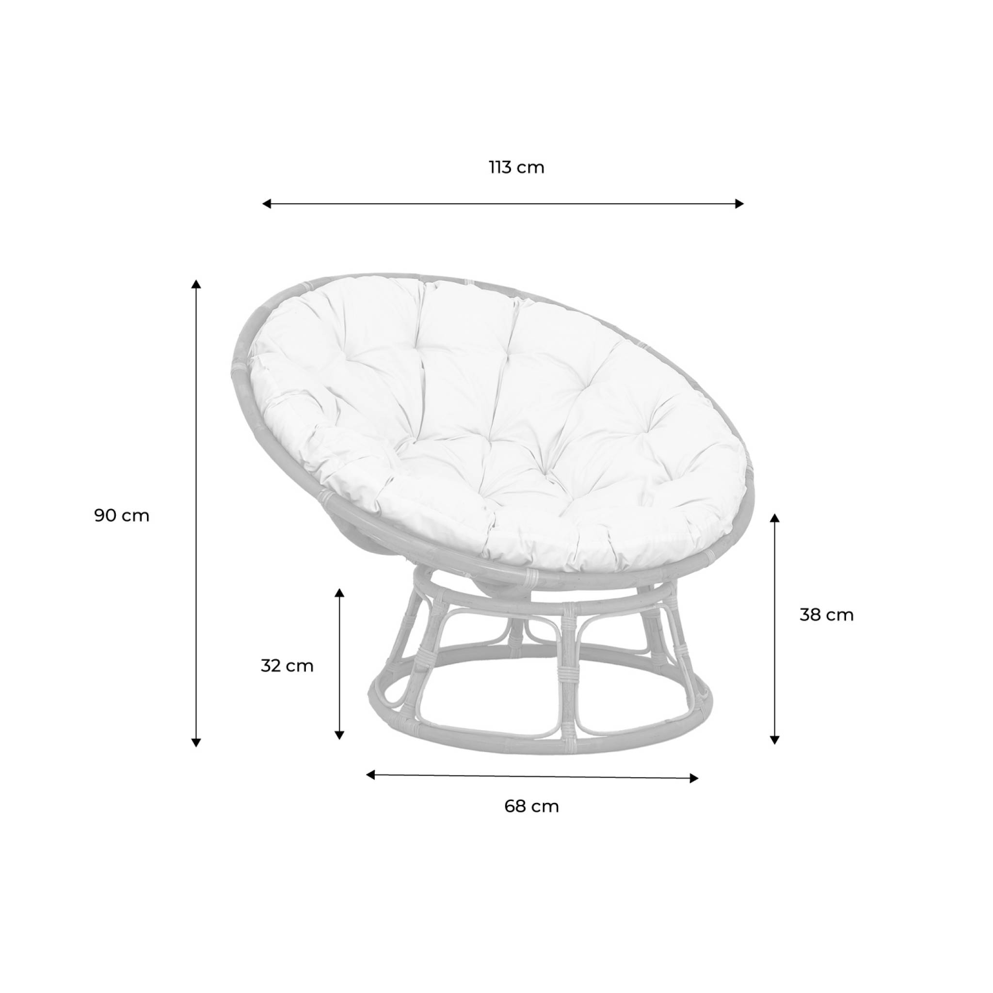 Fauteuil papasan en rotin avec coussin blanc ø113cm