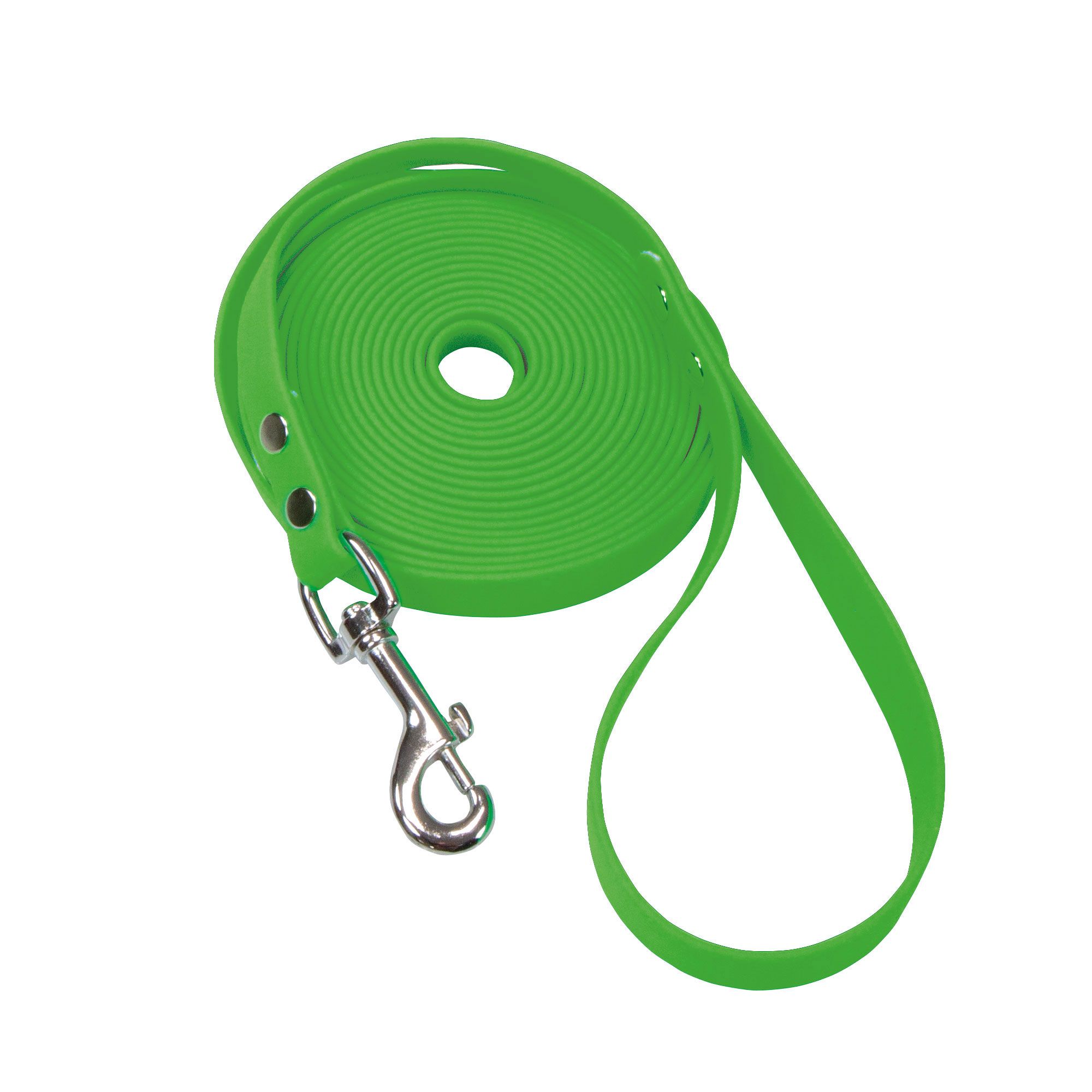 Schecker grüne Biothane® Schleppleine mit Handschlaufe - 5m/16mm - extrem widerstandsfähig